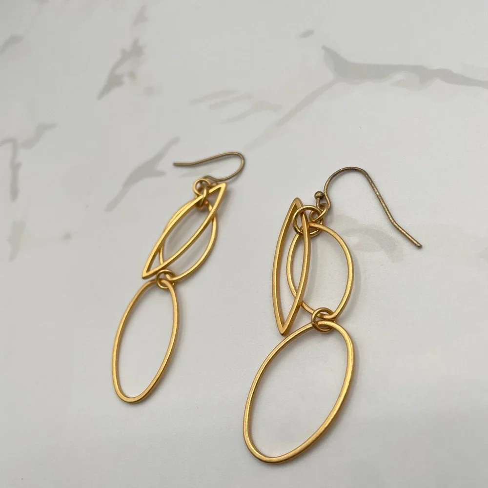 Vintage Gold Tone Geometric Marquise Link Dangle Drop Earrings Oval For‎ Women